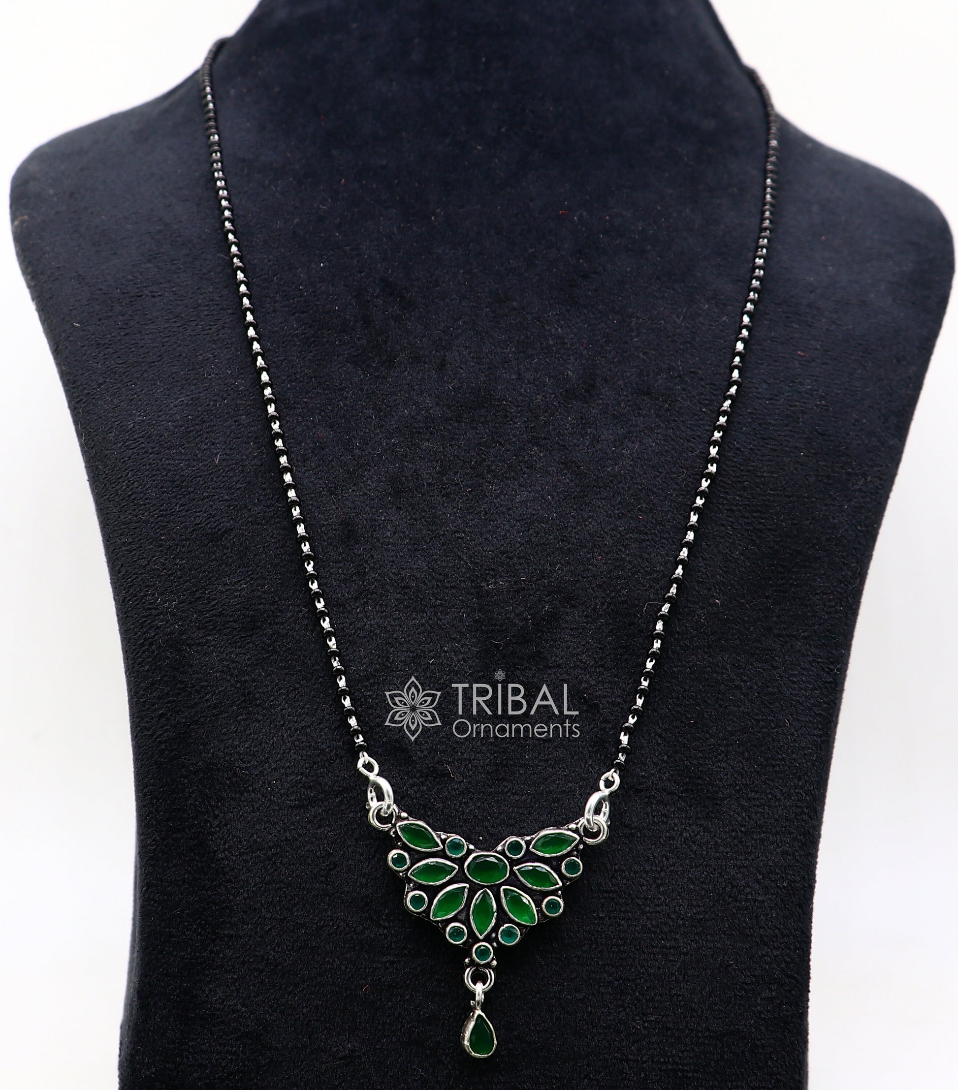 925 sterling silver black beads chain mangal sutra necklace for daily use brides Mangalsutra chunky necklace green stone pendant ms54 - TRIBAL ORNAMENTS