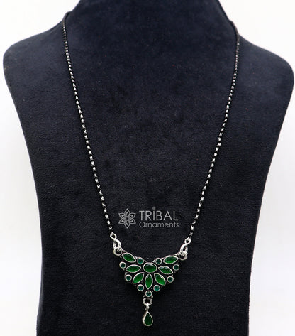 925 sterling silver black beads Mangalsutra necklace with green stone pendant, tribal-style daily wear jewelry.