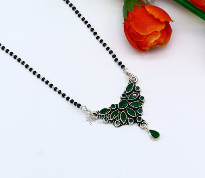 925 sterling silver black beads Mangalsutra necklace with green stone pendant, tribal ornaments style for daily wear or brides.