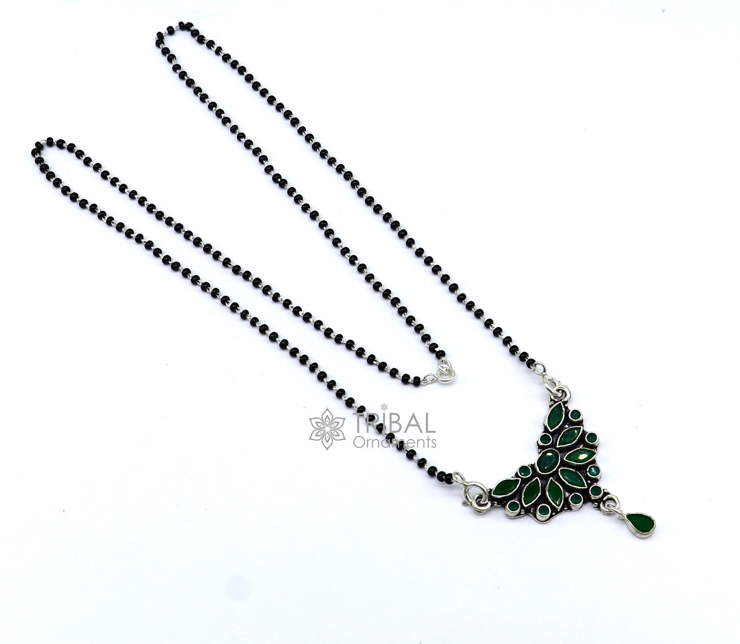925 sterling silver black beads chain mangal sutra necklace for daily use brides Mangalsutra chunky necklace green stone pendant ms54 - TRIBAL ORNAMENTS