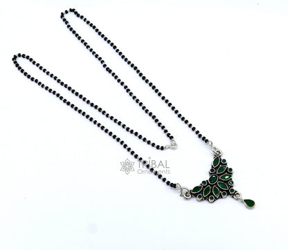 925 sterling silver black beads Mangalsutra chain with green stone pendant, tribal ornaments daily wear necklace for brides.