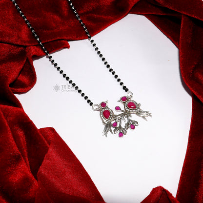 925 sterling silver black beads chain with love bird pendant mangalsutra for brides, featuring a stylish and traditional design.