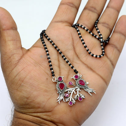 925 sterling silver black beads chain with love bird pendant, traditional mangalsutra necklace for brides, tribal ornaments style.