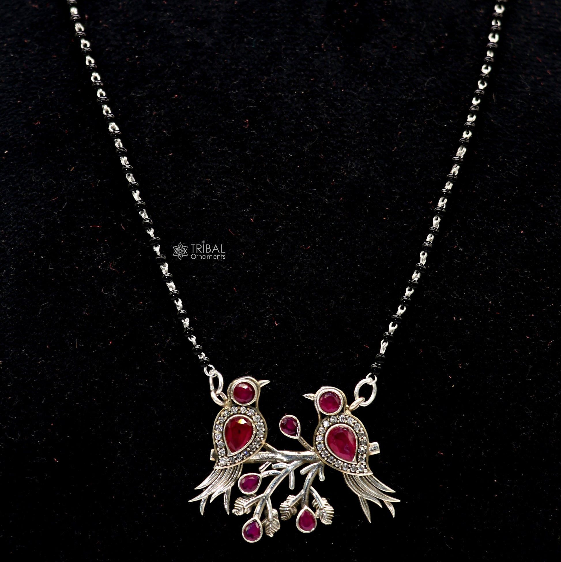 925 sterling silver black beads chain mangal sutra necklace for daily use brides Mangalsutra chunky necklace love bird pendant ms60 - TRIBAL ORNAMENTS