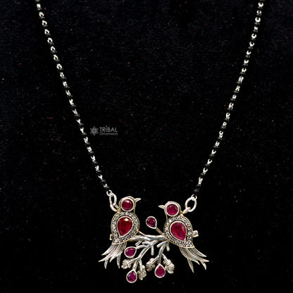 925 sterling silver black beads chain with love bird pendant, traditional Mangalsutra necklace for brides and daily wear.