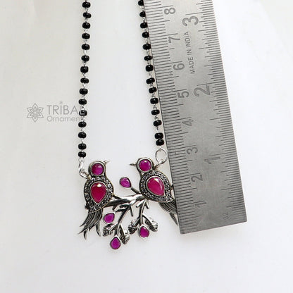 925 sterling silver black beads mangalsutra necklace with love bird pendant, designed for brides and daily wear.