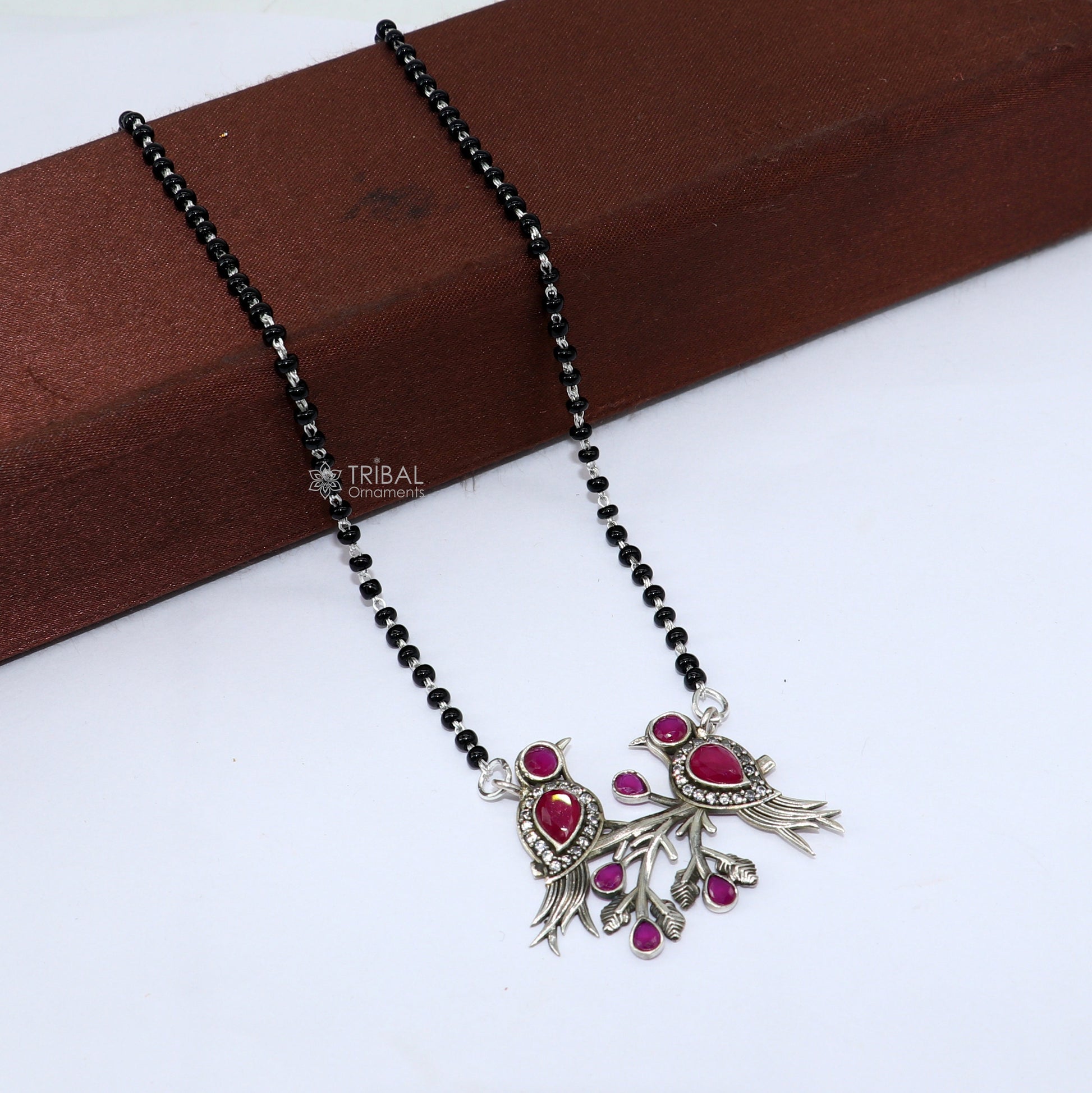 925 sterling silver black beads chain mangal sutra necklace for daily use brides Mangalsutra chunky necklace love bird pendant ms60 - TRIBAL ORNAMENTS