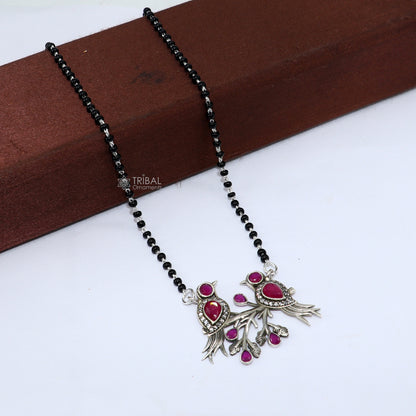 925 Sterling silver black beads chain with love bird pendant, traditional Mangalsutra for brides, daily wear jewelry.