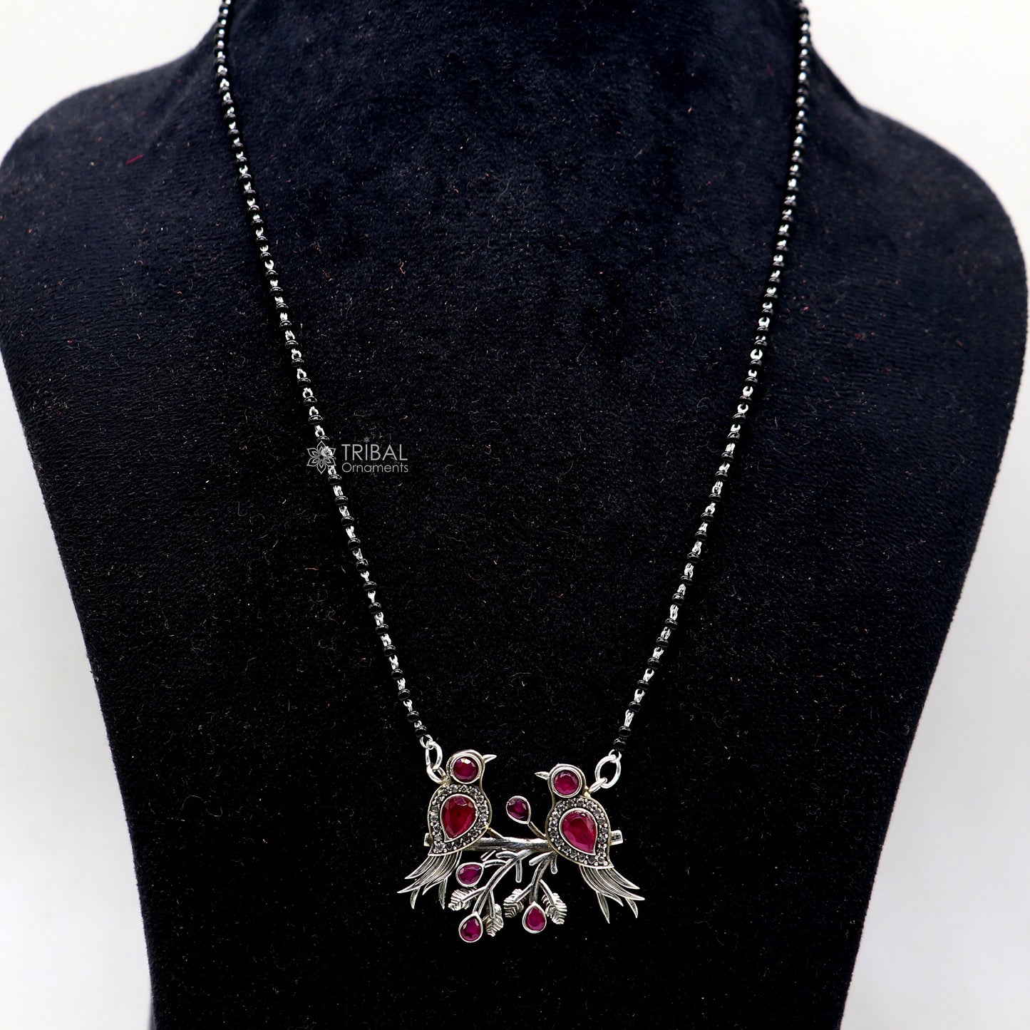 925 sterling silver black beads chain mangal sutra necklace for daily use brides Mangalsutra chunky necklace love bird pendant ms60 - TRIBAL ORNAMENTS