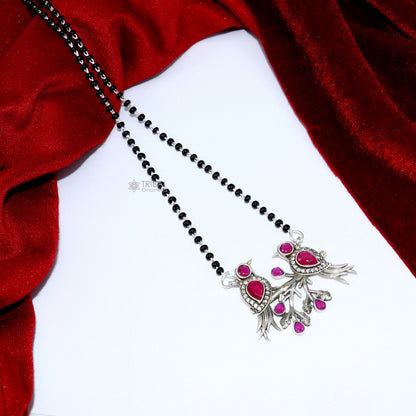 Sterling silver black beads chain with love bird pendant for brides, traditional Mangalsutra jewelry by TRIBAL ORNAMENTS.