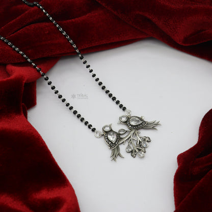 925 sterling silver black beads chain with love bird pendant Mangalsutra, traditional jewelry for brides and daily wear.