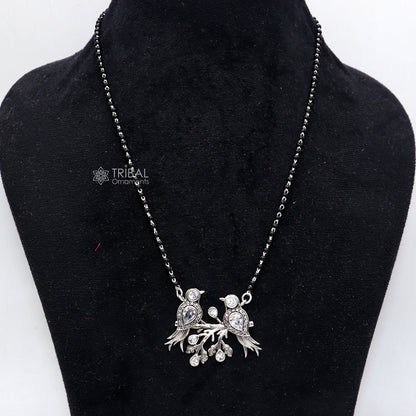 925 sterling silver black beads mangalsutra with love bird pendant, traditional Indian bridal jewelry for daily wear