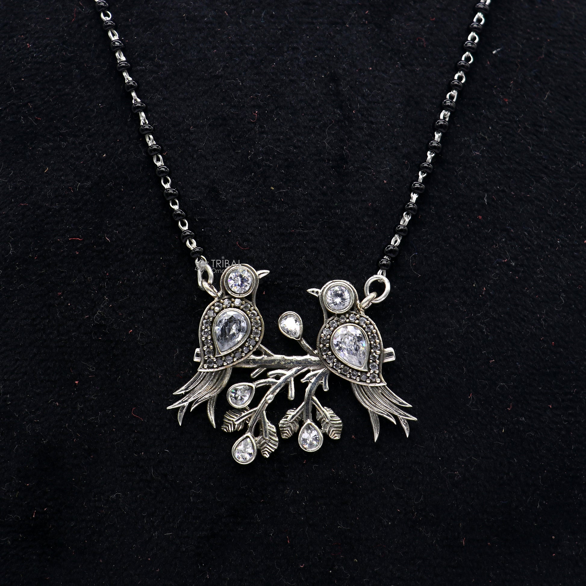 925 sterling silver black beads chain mangal sutra necklace for daily use brides Mangalsutra chunky necklace love bird pendant ms61 - TRIBAL ORNAMENTS
