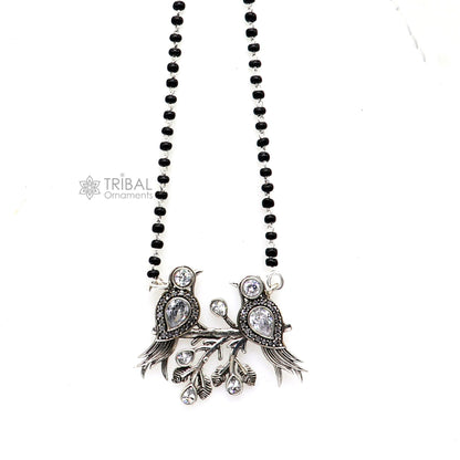 925 sterling silver black beads chain with love bird pendant, bridal Mangalsutra for daily wear, tribal-style jewelry.