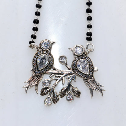 925 silver black beads chain with love bird pendant mangalsutra for brides, daily wear, tribal ornaments style jewelry.