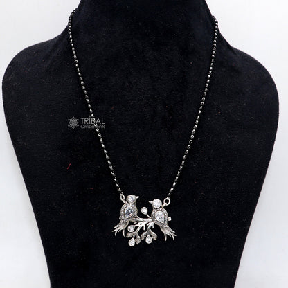 925 sterling silver black beads chain with love bird pendant mangalsutra for brides, featuring a stylish, daily-wear design.