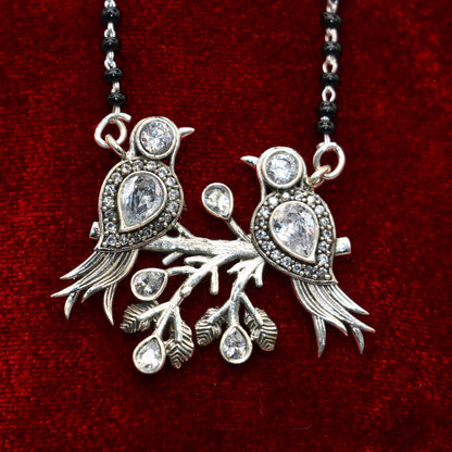 Sterling silver black beads Mangalsutra with love bird pendant, traditional bridal jewelry, handcrafted by TRIBAL ORNAMENTS.