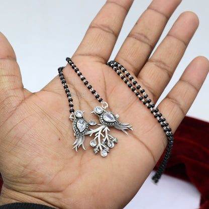 925 sterling silver black beads chain with love bird pendant, traditional Mangalsutra necklace for brides and daily wear.