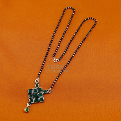 Sterling silver black beads Mangalsutra necklace with stone pendant, traditional Indian jewelry by TRIBAL ORNAMENTS.