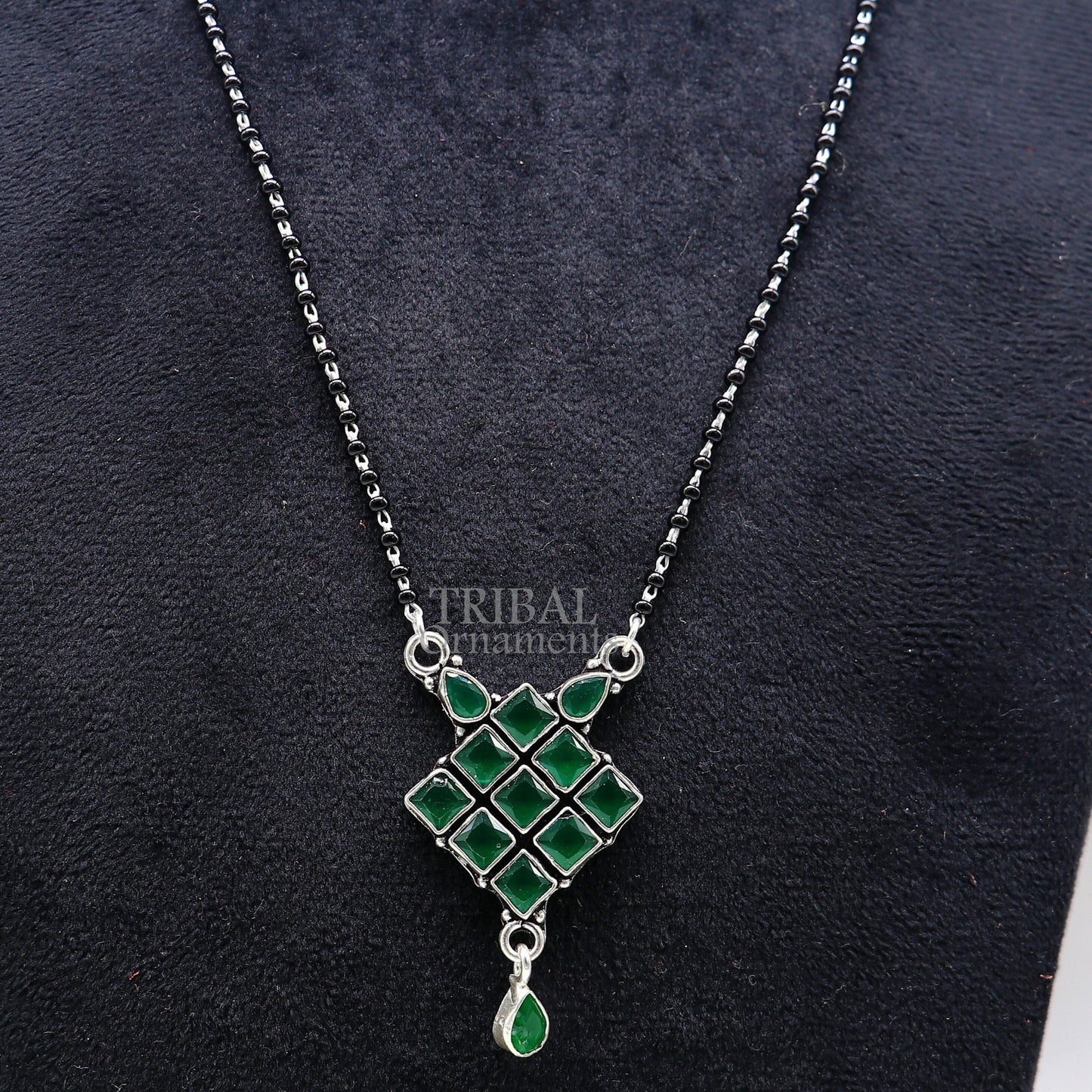 925 sterling silver black beads chain necklace, Simple delicate stone pendant, traditional style brides Mangalsutra chunky necklace ms09 - TRIBAL ORNAMENTS