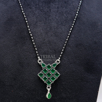 925 sterling silver black beads Mangalsutra necklace with stone pendant, traditional tribal style jewelry for brides.