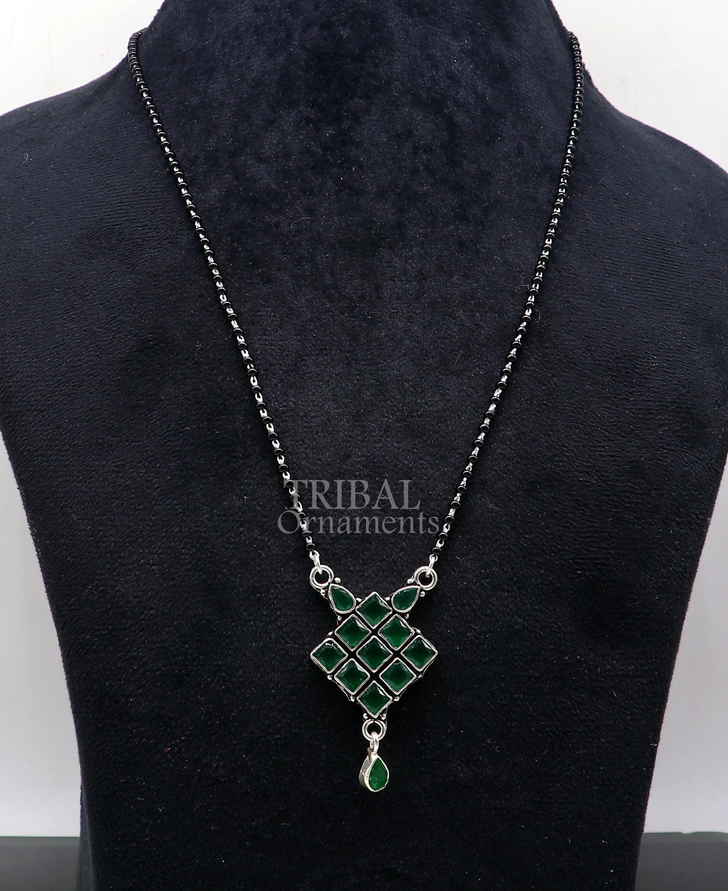 925 sterling silver black beads chain necklace, Simple delicate stone pendant, traditional style brides Mangalsutra chunky necklace ms09 - TRIBAL ORNAMENTS