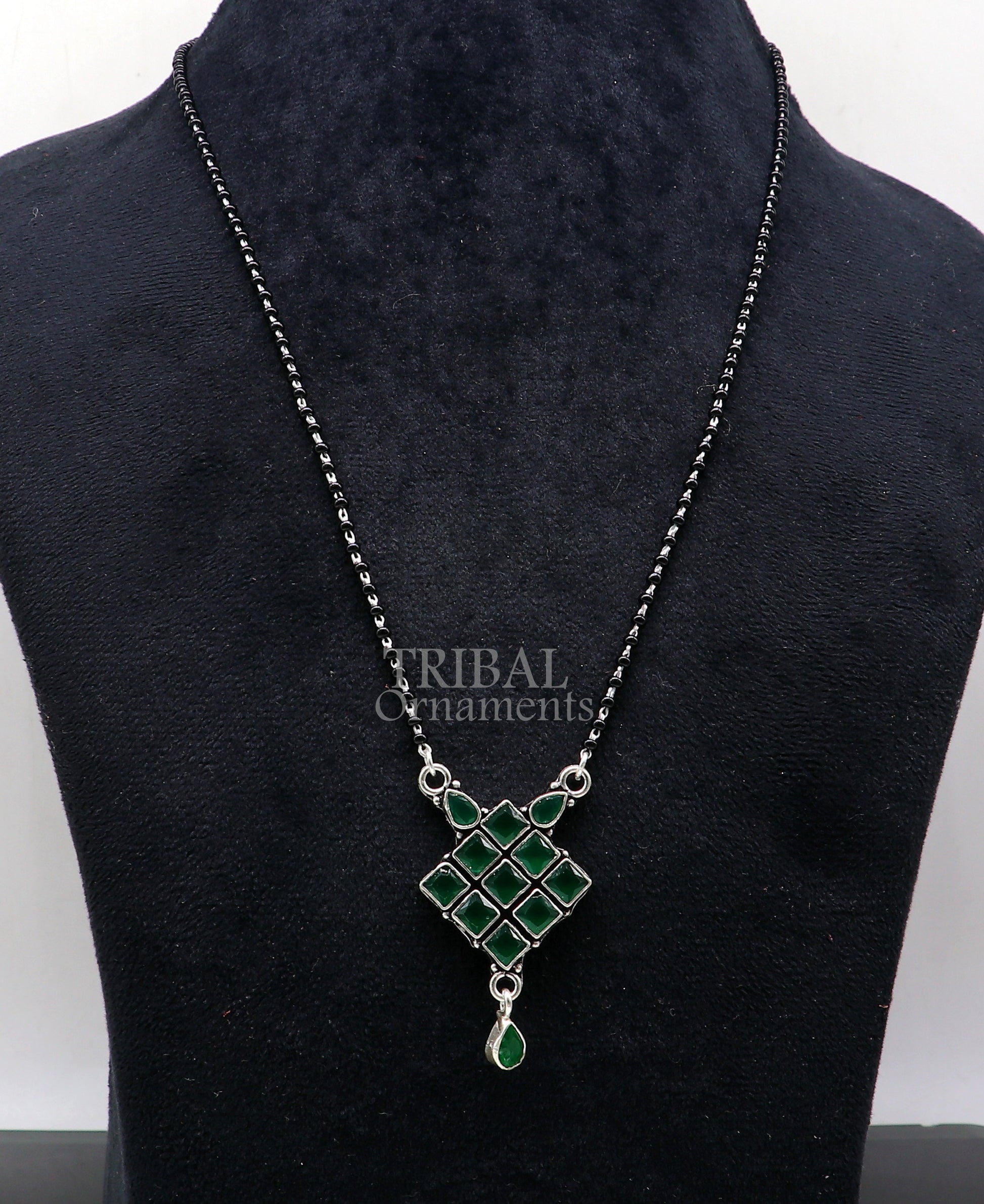 925 sterling silver black beads chain necklace, Simple delicate stone pendant, traditional style brides Mangalsutra chunky necklace ms09 - TRIBAL ORNAMENTS