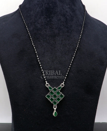 925 sterling silver black beads Mangalsutra necklace with stone pendant, traditional and delicate tribal jewelry design.