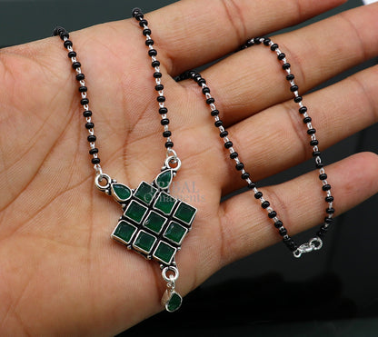 Sterling silver black beads Mangalsutra necklace with stone pendant, traditional tribal jewelry for brides.