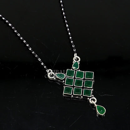 Sterling silver black beads Mangalsutra necklace with stone pendant, traditional Indian jewelry by TRIBAL ORNAMENTS.
