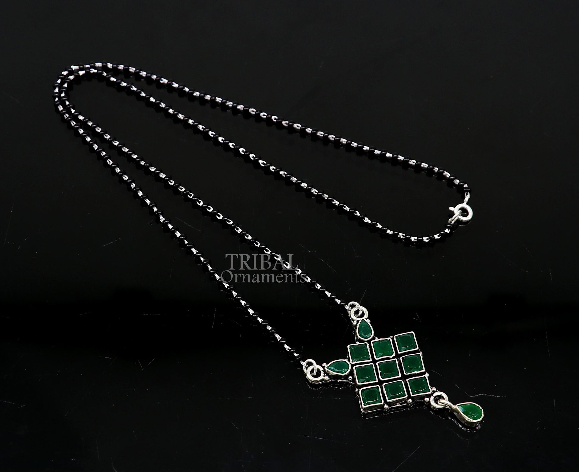 925 sterling silver black beads chain necklace, Simple delicate stone pendant, traditional style brides Mangalsutra chunky necklace ms09 - TRIBAL ORNAMENTS