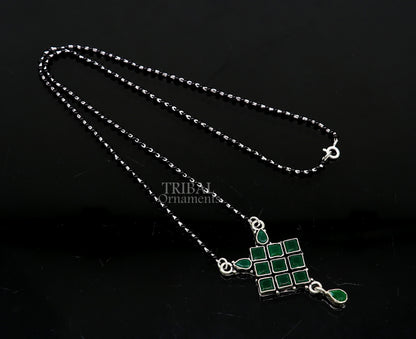 925 sterling silver black beads Mangalsutra necklace with stone pendant, traditional tribal ornaments jewelry for brides.