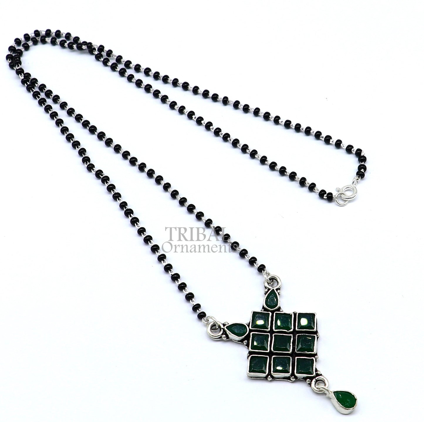 925 sterling silver black beads chain necklace, Simple delicate stone pendant, traditional style brides Mangalsutra chunky necklace ms09 - TRIBAL ORNAMENTS