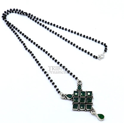 Sterling silver black beads mangalsutra necklace with stone pendant, traditional tribal-style jewelry for brides.