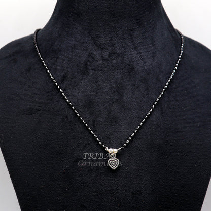 925 sterling silver black beads chain necklace with delicate vintage-style pendant, traditional and bridal-inspired jewelry for girls.