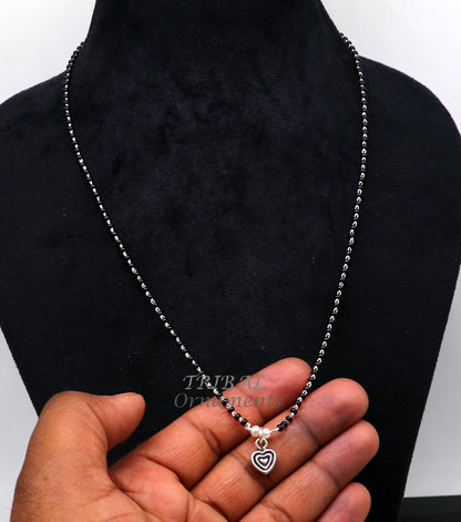 925 sterling silver black beads chain necklace with vintage-style pendant, delicate traditional jewelry for girls or brides.