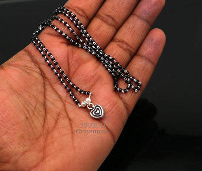 925 sterling silver black beads chain necklace with vintage-style pendant, delicate design ideal for brides or girls.