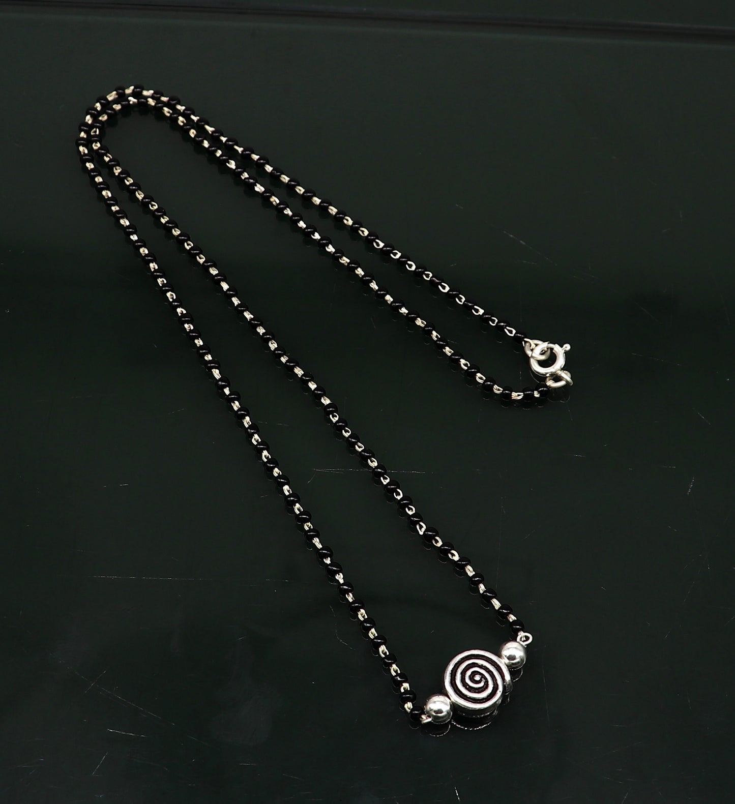 925 sterling silver black beads chain necklace, vintage stylish fancy necklace, traditional style brides Mangalsutra necklace India set217 - TRIBAL ORNAMENTS