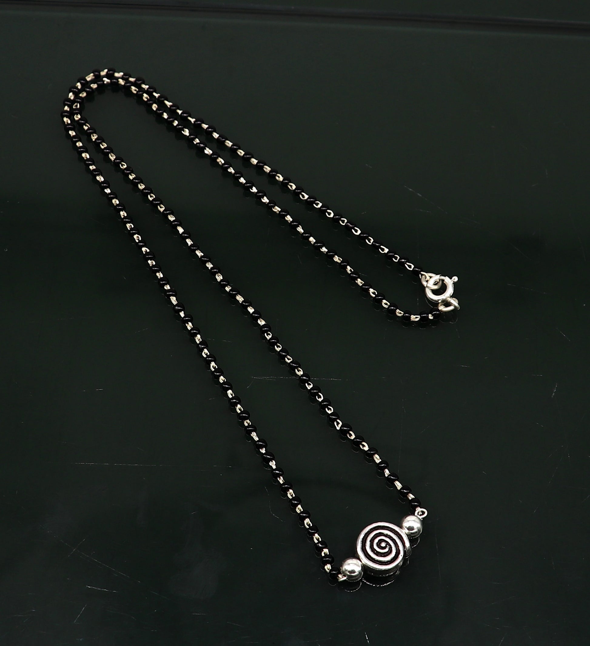 925 sterling silver black beads chain necklace, vintage stylish fancy necklace, traditional style brides Mangalsutra necklace India set217 - TRIBAL ORNAMENTS