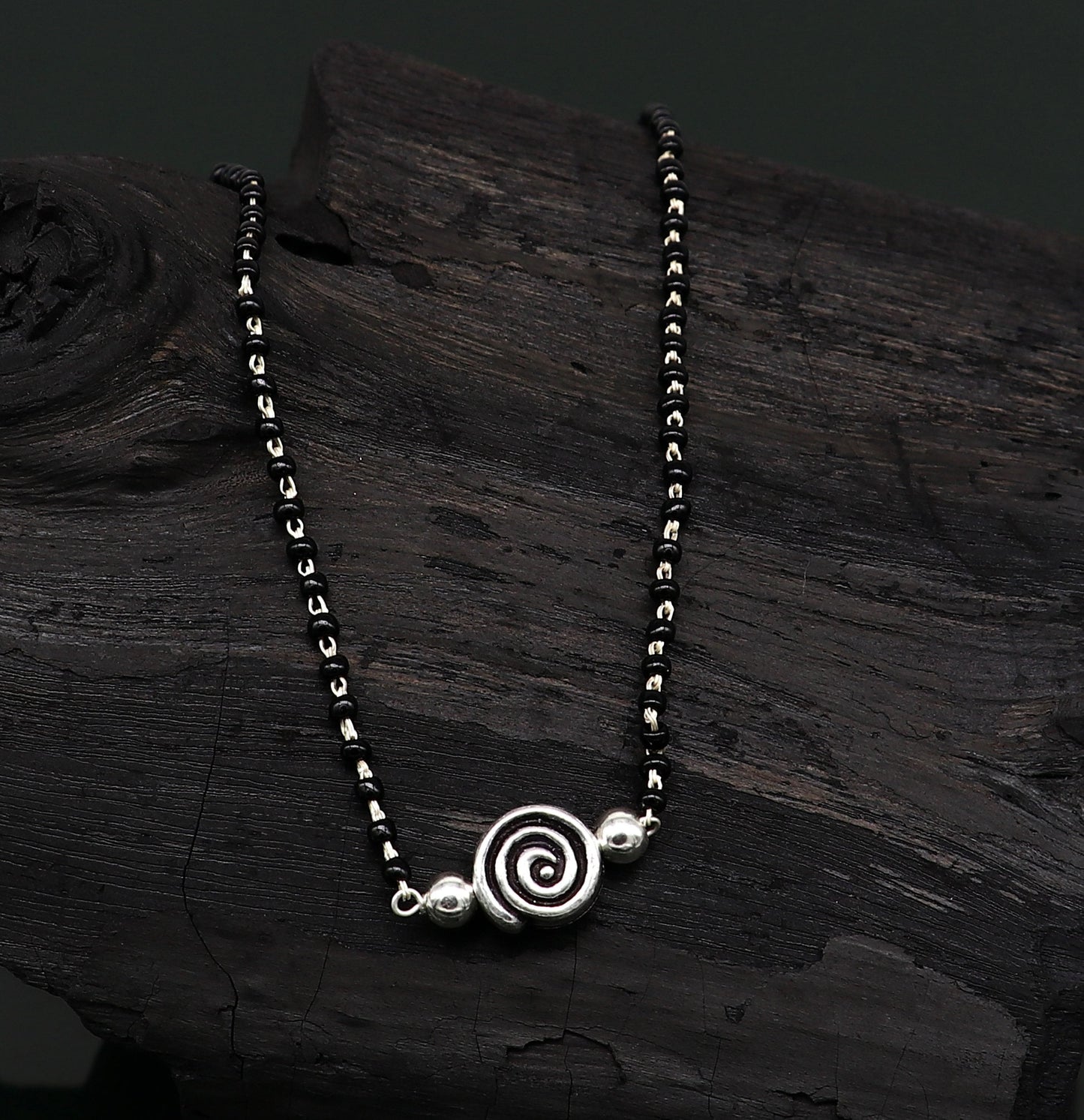 925 sterling silver black beads chain necklace, vintage stylish fancy necklace, traditional style brides Mangalsutra necklace India set217 - TRIBAL ORNAMENTS