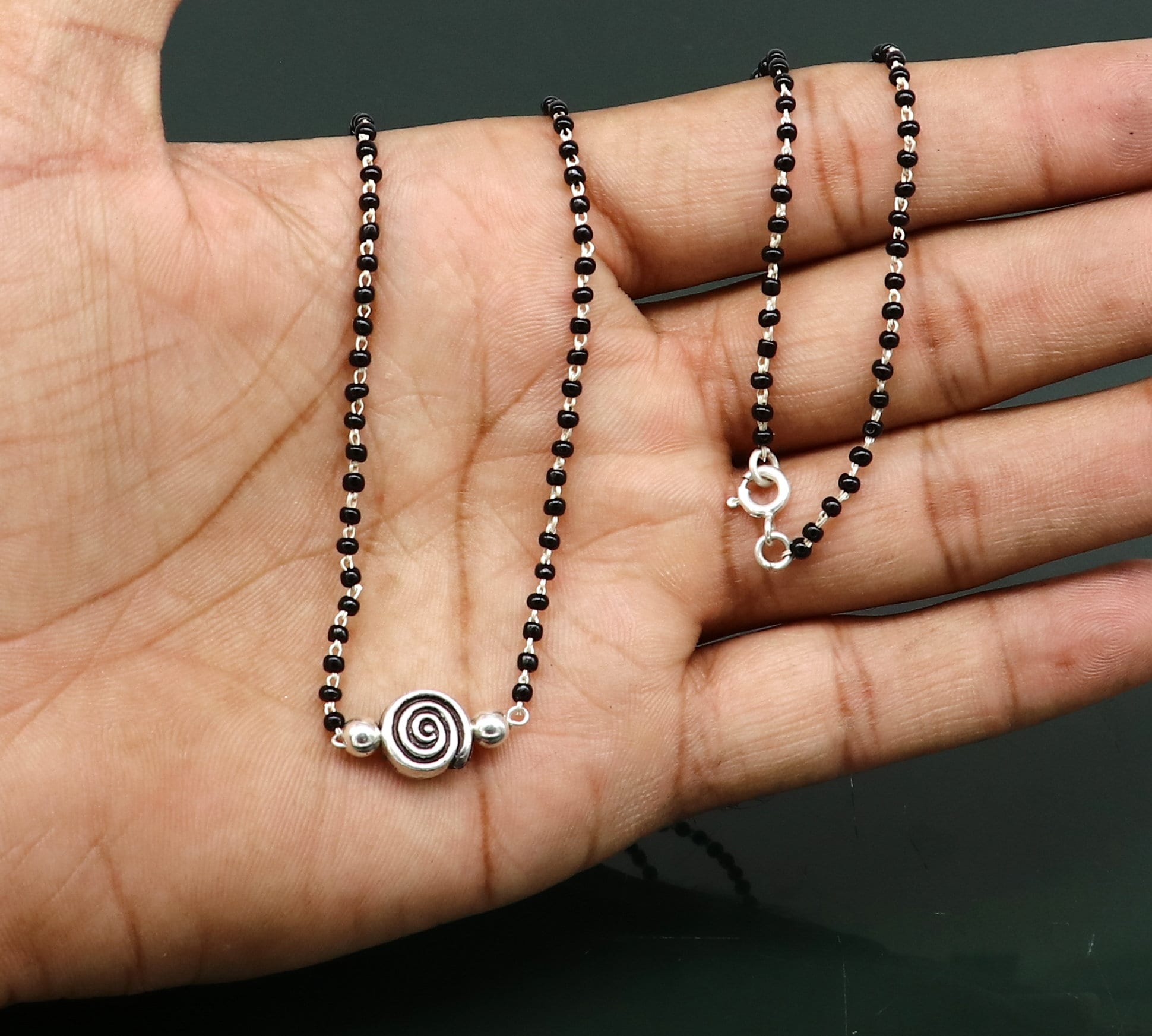 925 sterling silver black beads chain necklace, vintage stylish fancy necklace, traditional style brides Mangalsutra necklace India set217 - TRIBAL ORNAMENTS