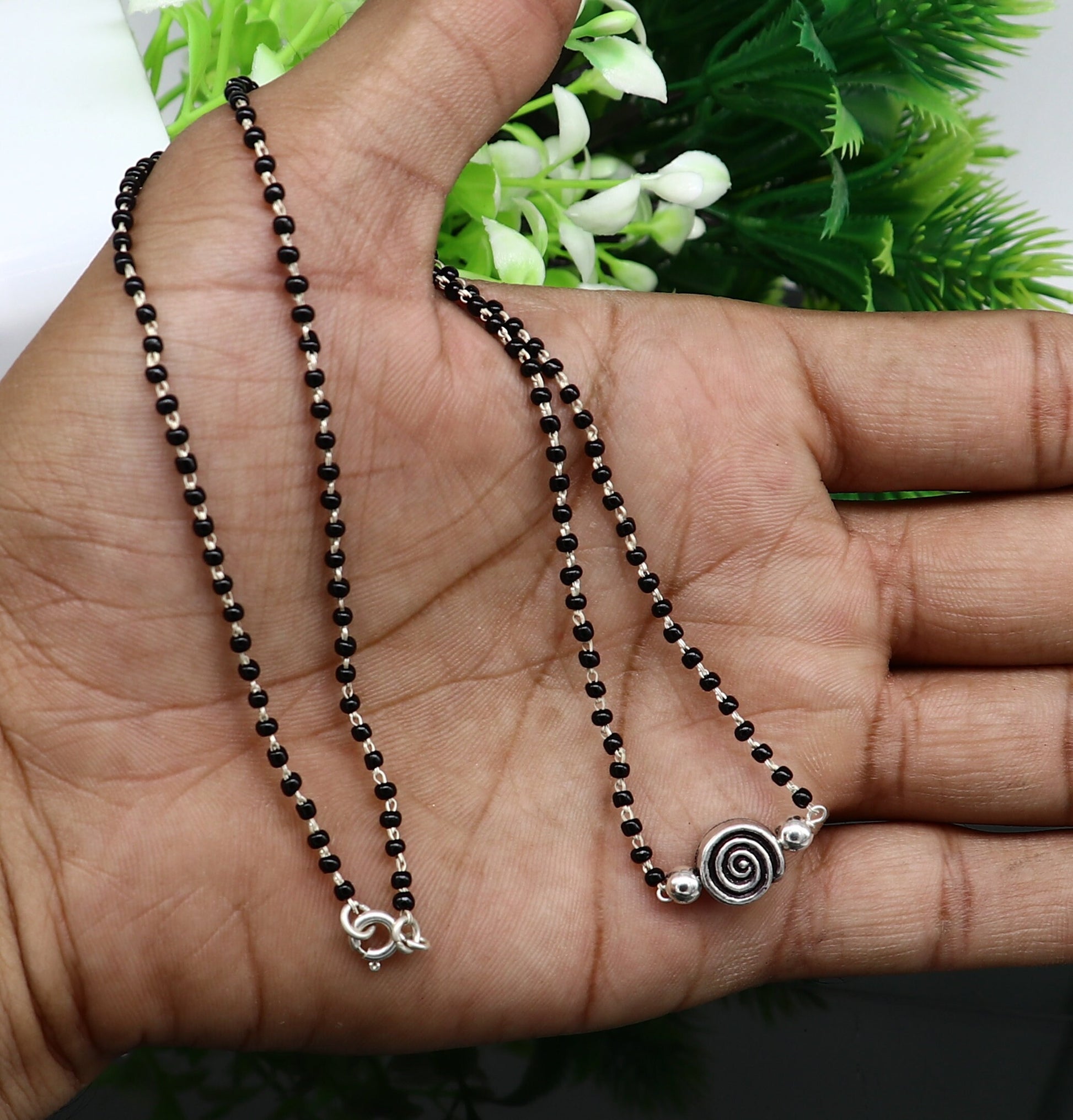 925 sterling silver black beads chain necklace, vintage stylish fancy necklace, traditional style brides Mangalsutra necklace India set217 - TRIBAL ORNAMENTS