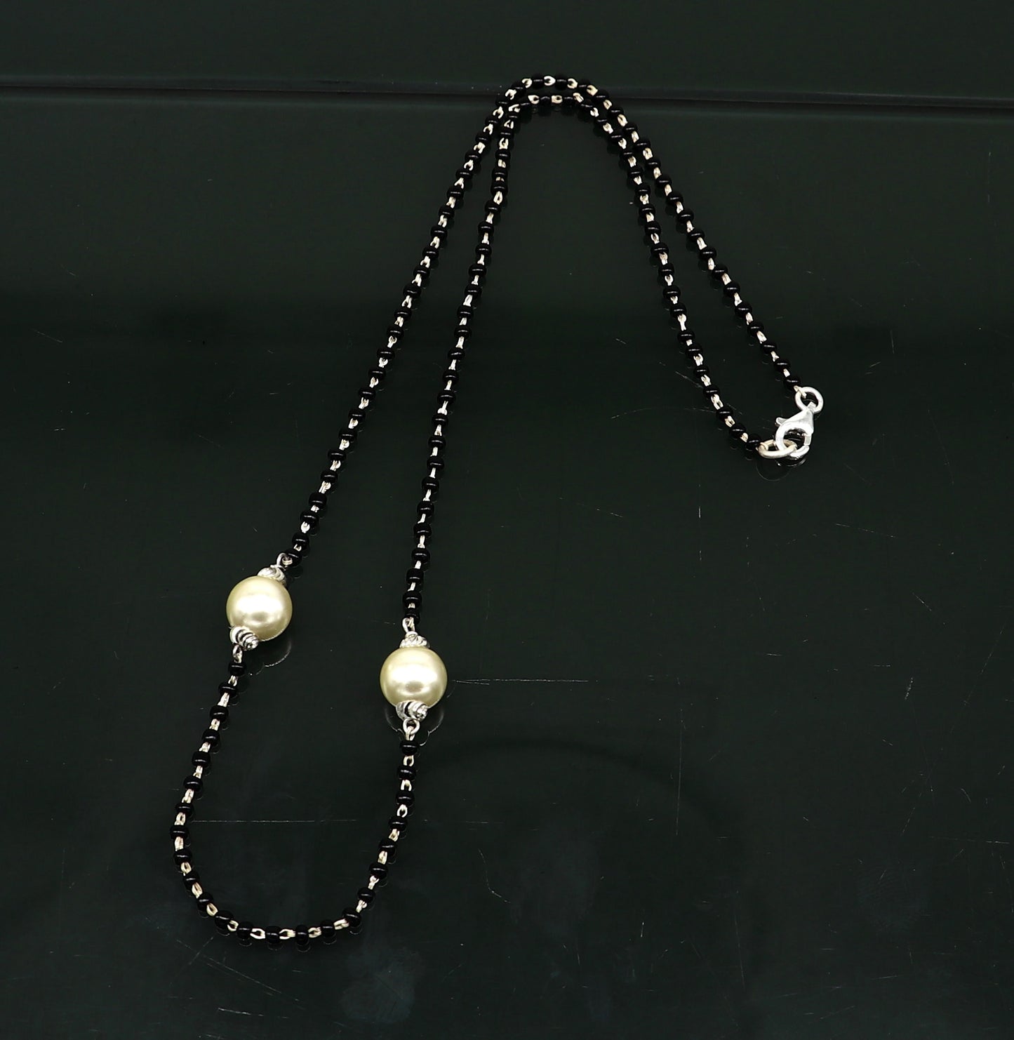 925 sterling silver black beads chain necklace, vintage stylish fancy necklace, traditional style brides Mangalsutra necklace India set218 - TRIBAL ORNAMENTS