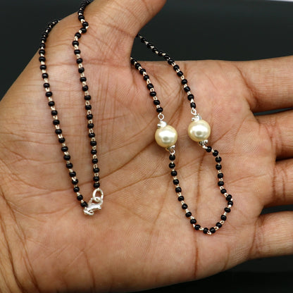 Sterling silver black beads and pearl brides Mangalsutra necklace set by TRIBAL ORNAMENTS with traditional and vintage style.