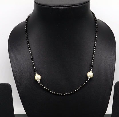 Sterling silver black and pearl beads Mangalsutra necklace set for brides, traditional Indian jewelry by TRIBAL ORNAMENTS