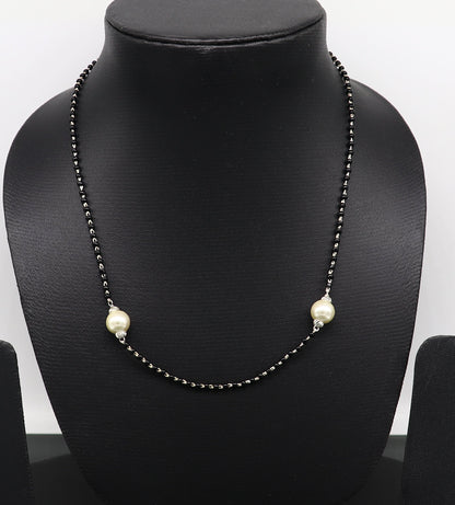 Sterling silver black and pearl beads bridal Mangalsutra necklace set with traditional Indian design by TRIBAL ORNAMENTS.