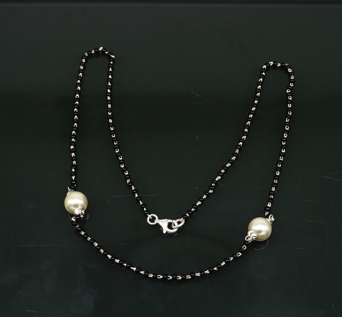 925 sterling silver black beads chain necklace, vintage stylish fancy necklace, traditional style brides Mangalsutra necklace India set218 - TRIBAL ORNAMENTS