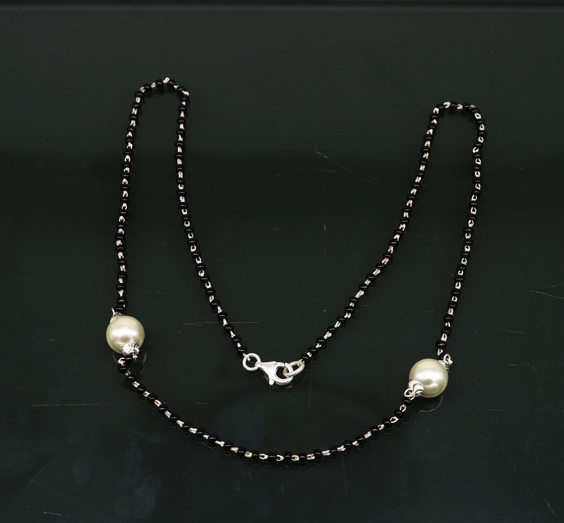 925 sterling silver black beads chain necklace, vintage stylish fancy necklace, traditional style brides Mangalsutra necklace India set218 - TRIBAL ORNAMENTS