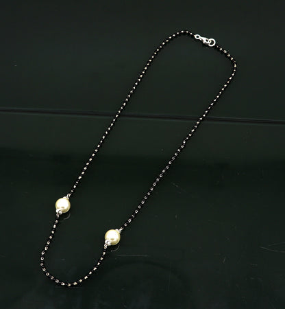 Sterling silver black bead and pearl mangalsutra necklace set for brides by TRIBAL ORNAMENTS, traditional Indian jewelry.