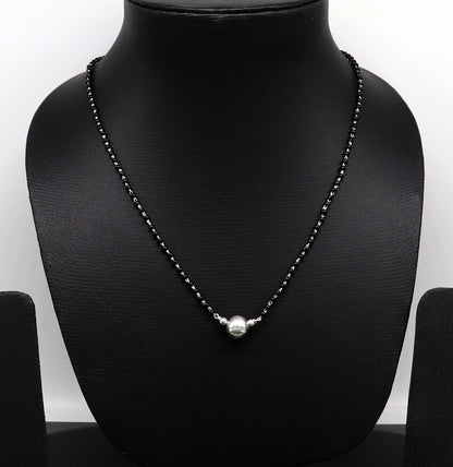 Sterling silver black bead mangalsutra necklace set with ball design for brides, traditional Indian jewelry by TRIBAL ORNAMENTS